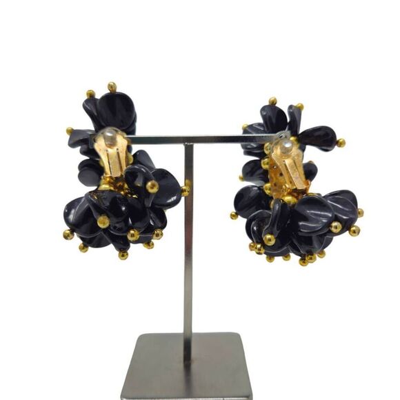 Vintage Black Beaded Half Hoop Cluster Earrings | 2.38" | Circa 1980s-1990s - Picture 3 of 7